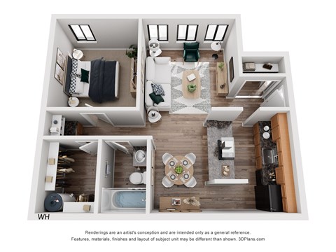 Floor plan for 1 bed, 1 bath, 643 sqft